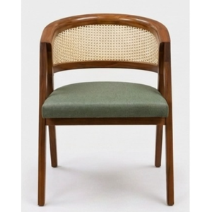 Fauteuil de salle à manger de luxe en bois massif avec coussin en tissu et dossier en rotin naturel pour la maison - Product Image 1