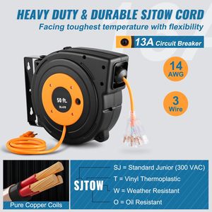 Avvolgicavo Elettrico Retrattile da 15m, Cavo di Prolunga 14AWG/3CSJTOW con Spina NEMA 5-15P per Elettrodomestici, IP44, Corrente 10A, Spina USA - Product Image 2