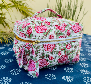 Handcrafted Quilted Tote <b>Vanity</b> Bag for Women Fabric Travel Cosmetic Pouch with Cotton Handle Block Printed <b>Makeup</b> Organizer - Product Image 6