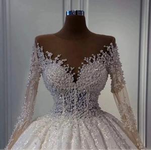 Nouvelle Arrivée Robe de Mariée de Luxe Princesse à Manches Longues, Ornée de Perles, Robe de Bal avec Grande Traîne - Product Image 2