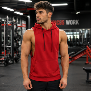 Sweat-shirt à capuche sans manches rouge pour homme avec poche, coupe classique, vêtements de sport décontractés - Product Image 4