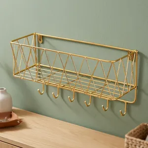 Panier de rangement mural flottant pour salle de bain, organisateur suspendu en métal robuste, finition dorée - Product Image 5