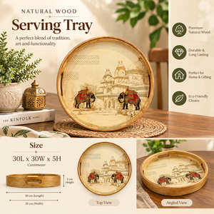 Premium <b>Round</b> Natural Wood Serving <b>Tray</b> with Elephant Artwork and Handles | Wedding Multi-Functional Dining <b>Table</b> Home Decor - Product Image 5