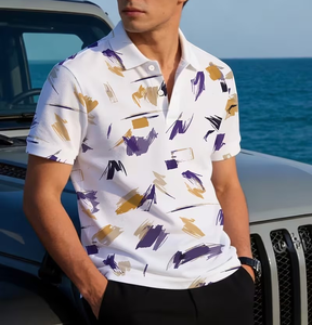 Men's Striped Shirt Short Sleeve Casual Knitted Fabric Regular Fit Button Design Light Blue Beige Pattern Breathable - Product Image 5