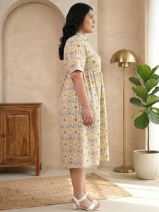 Ensemble de vêtements pour femmes en coton imprimé Ikat, col chemise, jaune, taille plus, robe de maternité, manches courtes, motif tissé décontracté, vêtements de grossesse - Product Image 2