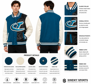 Chaqueta Varsity para Hombre SINEWY SPORTS, Mezcla de Lana, Parches de Chenilla, Botones Cubiertos, Cuello Mao, Impermeable, Ecológica, Deportiva - Product Image 1