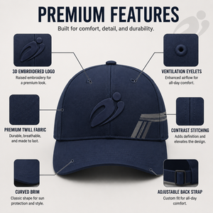 Navy Blue 6 Panel Baseball Cap with <b>Heat</b> Transfer Logo and Stripes - Product Image 6