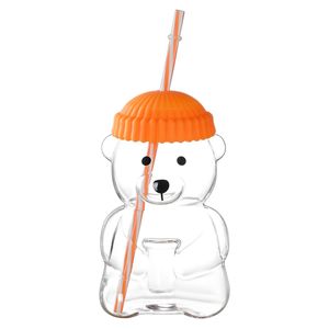 Bicchiere in Vetro Borosilicato Resistente al Calore da 20 OZ con Cannuccia, Design Orsetto Arancione, per Succhi, Latte e Bevande Fredde - Product Image 1