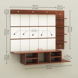 Meuble TV mural en bois d'ingénierie avec panneau arrière en PVC rayé et éclairage LED intégré |   Meuble TV avec boîte de rangement ouverte Marron & Blanc - Product Image 2