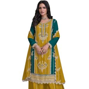 Latest Traditional Party Heavy Chinnon Embroidery Work <b>Kurti</b> with Heavy Chinnon Pant and Dupatta - Product Image 1