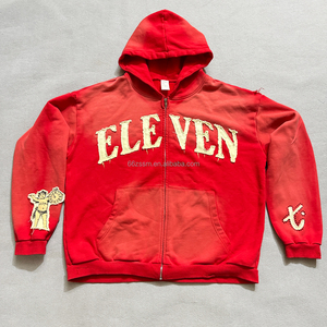 Sudadera con capucha unisex gótica de algodón grueso con cremallera, parche de letras personalizado bordado, estilo streetwear, con pedrería y efecto desgastado. - Product Image 5