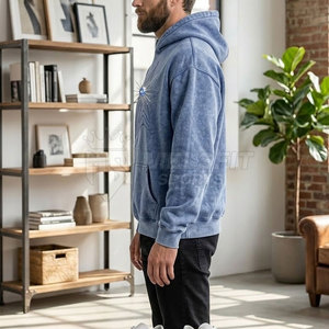 Sweat à capuche pour homme délavé à l'acide avec strass, 100 % coton, séchage rapide, léger, tendance, streetwear, doux, manches longues, décontracté - Product Image 5