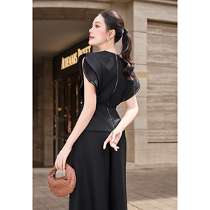 Blusa Elegante Negra para Mujer, Cuello Redondo, Manga con Volantes en Capas, Peplum, con Cinturón Hecho a Mano, Estilo Casual de Oficina, ODM OEM SOLI - Product Image 4