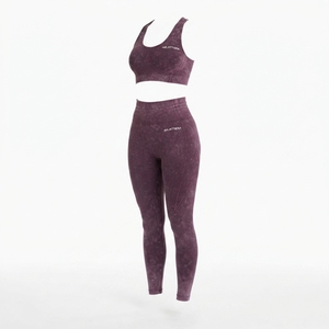 Women Plum Purple Acid Wash Yoga Set <b>Racerback</b> Sports <b>Bra</b> High Waist Leggings Gym Fitness Workout Activewear - Product Image 2