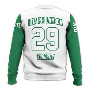 Sweat-shirt universitaire personnalisé Iota Phi Lambda, blanc et vert émeraude, avec écusson de la sororité grecque, pull personnalisé pour femme - Product Image 6