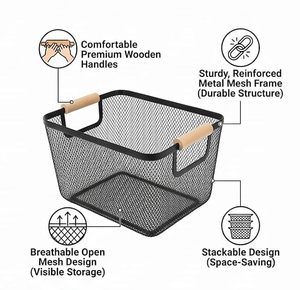 Metal Mesh <b>Storage</b> <b>Basket</b> with Natural Wooden Handles <b>Rectangular</b> Wire Organizer Bin for Kitchen Pantry Bathroom Cabinet Closet - Product Image 3