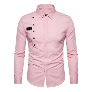 Camisa de Vestir Rosa para Hombre, con Botón Lateral Asimétrico, de Lujo, Casual, Corte Ajustado, Diseño de Manga Larga, Blusa de Algodón a la Moda - Product Image 1
