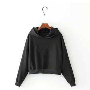 Sudadera con Capucha Corta Negra de Alta Calidad para Mujer, Corte Regular, Color Sólido, Informal, Tejida, Mezcla de Poliéster/Algodón, Otoño Invierno - Product Image 3