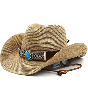 Black Straw Cowboy <b>Hat</b> With Embroidered <b>Band</b> And Turquoise Concho Unisex Outdoor Spring Summer Adult 56-58cm - Product Image 6