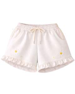 Conjunto de Sudadera Corta y Pantalones Cortos para Mujer, Color Amarillo Mantequilla, con Bordado de Margaritas y Dobladillo con Volantes, Estilo Casual de Dos Piezas, Algodón y Felpa, Venta al Por Mayor - Product Image 5