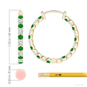Boucles d'oreilles créoles inversées en or jaune 14 carats avec émeraude et diamant, taille ronde, bijoux fins, fabricant ODM, cadeau pour femme - Product Image 4