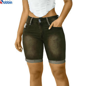 Short de mezclilla para mujer, de largo medio, corte recto, cintura alta, lavado desgastado, de alta calidad, cómodo, color personalizado, transpirable, con bolsillos. - Product Image 3