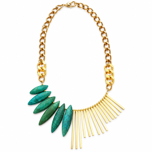 Collier Statement Doré avec Pendentifs en Pierre Turquoise Verte et Franges en Barres Métalliques, Fournisseur en Gros de Bijoux Bohèmes - Product Image 1