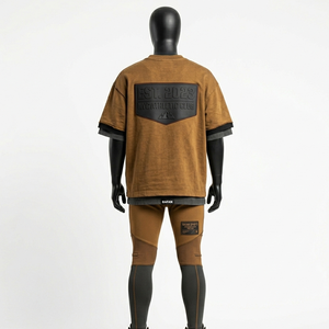 Ensemble T-shirt et legging pour homme en jersey de coton premium, marron et noir, tissu doux et respirant, patch personnalisé, 2 pièces. - Product Image 4