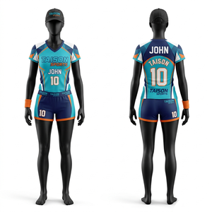 Ensemble de handball de plage en polyester et élasthanne de qualité supérieure, 230 GSM, design à panneaux bleu et orange, sublimation, logo personnalisé, pour femmes - Product Image 1