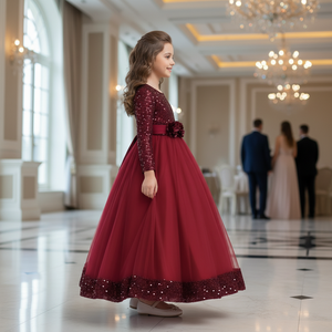 Vestido de niña de flores de alta gama con lentejuelas, bordado de terciopelo azul marino, vestido formal de noche para niños, vestido de fiesta de cumpleaños color granate - Product Image 3