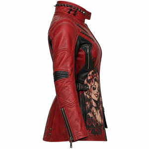 <b>Women</b> Red Genuine Leather <b>Jacket</b> Gothic Harley Girl Rose Print Spiked Stud Stand Collar Buckle Waist Long Coat Factory Offer - Product Image 3