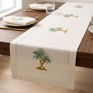 Wholesale Customized Natural Linen <b>Table</b> <b>Runners</b> Embroidered Double Palm Tree Hemstitch <b>Runner</b> Washable Durable Home Events - Product Image 1