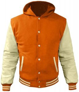 Orange Varsity <b>Jacket</b> With Cream Leather Sleeves Hooded Collage <b>Jacket</b> Snap Button Casual <b>Jacket</b> Menufacturer - Product Image 1