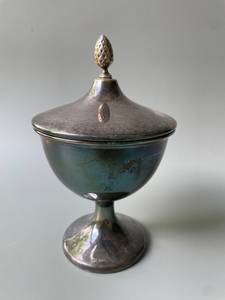 Antique Silver Plated Sugar Bowl with Lid & Spoon, <b>Trophy</b> <b>Cup</b> Style - Product Image 5