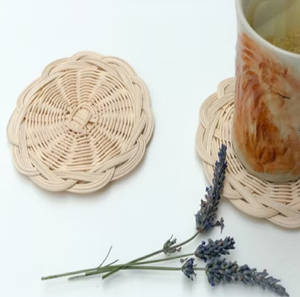 Square pearl shell <b>mosaic</b> tile coaster with rattan edge trim, available at wholesale prices. - Product Image 2