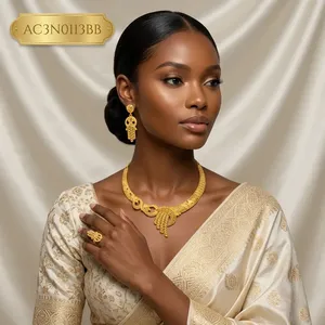 Conjunto de Collar y Aretes con Diseño de Flor Chapado en Oro de 24K, Joyería de Lujo Africana para Bodas - Product Image 3