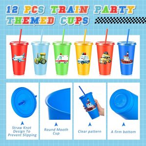 Juego de 12 Vasos de Viaje Reutilizables de Plástico de 24 oz con Temática de Transporte, Tapa y Pajita, Decoraciones para Fiestas de Cumpleaños - Product Image 2