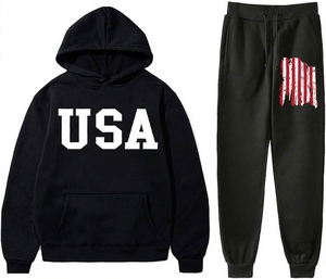 Unisex USA Printed Solid Fleece <b>Hoodie</b> and Pants Tracksuit Set Black Cotton Casual Autumn Wear Full Sleeve Drawstring Joggers - Product Image 6