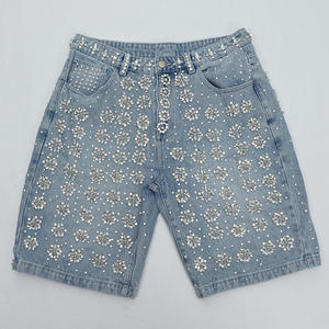 Shorts en jean taille haute avec embellissement floral en strass, style décontracté d'été - Product Image 2