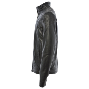 <b>Men's</b> Black Solid Color Genuine <b>Leather</b> Moto <b>Jacket</b> Stand Collar Zipper Closure Regular Fit <b>Leather</b> <b>Jacket</b> Available For Sale - Product Image 3
