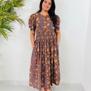 Robe longue décontractée d'été à manches courtes avec poches, imprimé floral, en coton indien, tunique brodée à motif floral - Product Image 1