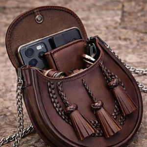 Handmade Brown Genuine Leather Scottish Kilt Braided Sporran With 3 Tassels Semi Dress Sporran with <b>Chain</b> <b>Belt</b> Strap - Product Image 3