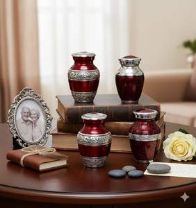 Urne funéraire respectueuse pour cendres, en aluminium bleu foncé, gravée à la main, avec entonnoir, magnifique, paisible, décorative, moderne et antique - Product Image 4