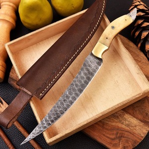 Custom Forged Damascus Steel Chef Fillet Kitchen <b>Knife</b> with Camel <b>Bone</b> <b>Handle</b> and Leather Sheath - Product Image 5