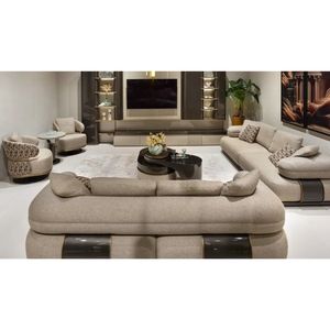 Modern Italian Solid Teak Wood Sofa Set Luxury Chunky 3 Seater Couches <b>Swivel</b> Accent Chairs Central Coffee <b>Table</b> Lounge - Product Image 1