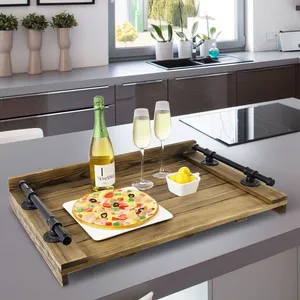 <b>Wooden</b> Serving Tray Rectangle <b>Rustic</b> Design With Metal Handles For <b>Dining</b> <b>Table</b> Use - Product Image 1