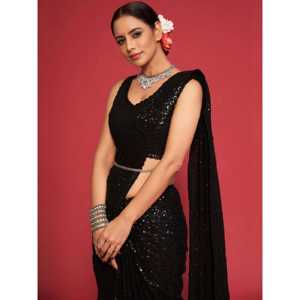 Adorable sari de soirée en georgette noir à sequins, vêtements Zeel, non cousu - Product Image 3