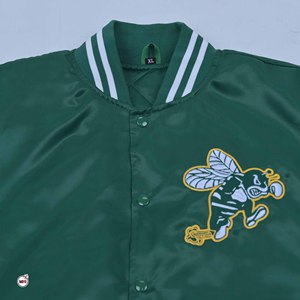 MRI Made Custom Design Green Color Mens Varsity <b>Jackets</b> with Embroidered Bee Logo Satin Front Closure Casual Streetwear Style - Product Image 6