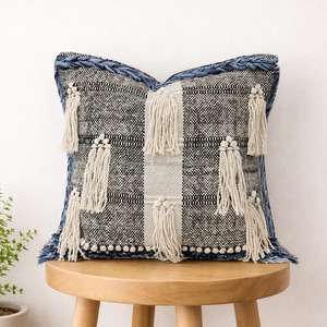 Multi Fringed Denim Bohemian Cushion Cover with Zipper Decorative Fringe Side Hand Braided Boho Chic <b>Sofa</b> Pillow Shams - Product Image 1