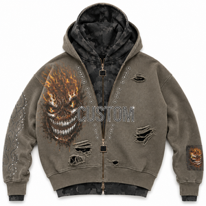Sweat à capuche zippé personnalisé avec motif crâne vieilli, surdimensionné, orné de strass, double couche, camouflage, épais, style Y2K vintage streetwear - Product Image 3